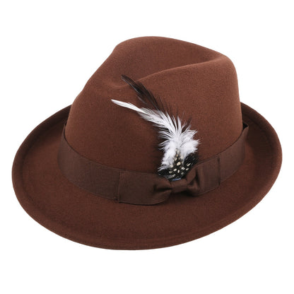 Short Brim Felt Fedora Hat for Men & Women – Classic Feather Panama Dress Hat in 7 Colors, Black Brown Navy Red Gray Coffee, Unisex Jazz Cap for Formal Casual Daily Wear