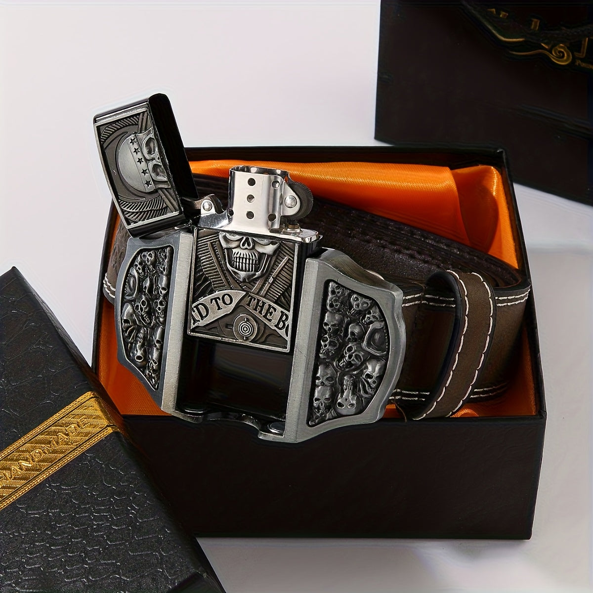 Retro Western Cowboy Belt with Detachable Lighter – Embossed Printed Novelty Accessory Belt in Skull, Eagle, Cross & Native American Designs, Unique Gift for Men for Christmas, Thanksgiving & Valentine's Day