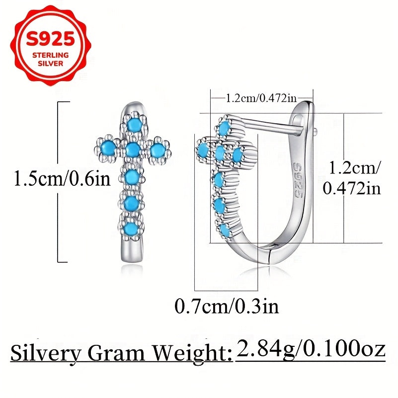 925 Sterling Silver Blue Turquoise Cross Dangle Earrings for Women – Hypoallergenic Boho Vintage Drop Earrings, Synthetic Inlay, Elegant Gift for Valentine's Day Birthday Anniversary