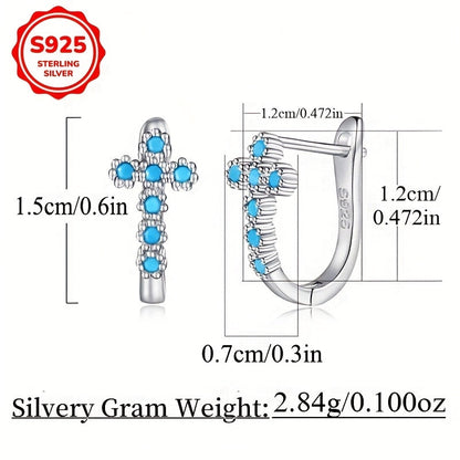 925 Sterling Silver Blue Turquoise Cross Dangle Earrings for Women – Hypoallergenic Boho Vintage Drop Earrings, Synthetic Inlay, Elegant Gift for Valentine's Day Birthday Anniversary
