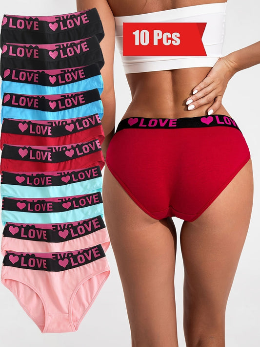 10-Pack Women's Cotton Panties Heart Print Briefs Wide Waistband Breathable Soft Underwear S-5XL Plus Size Ladies Multipack