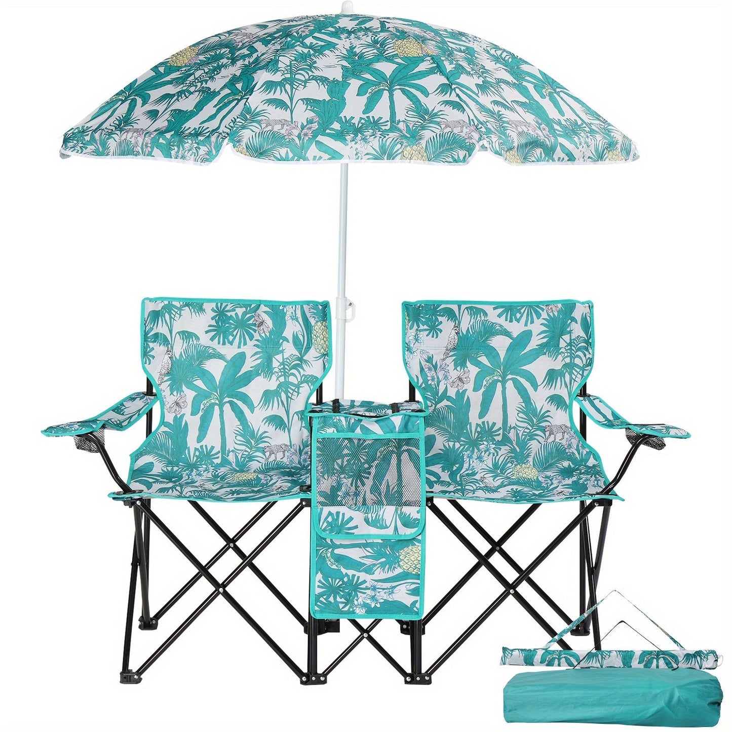 Folding Outdoor Fishing Chair with Sun Umbrella Iron Alloy Frame Oxford Fabric 187 Lb Capacity Portable Beach Patio Camping Chair with Storage Bag Red Black Grey Blue Coconut Pineapple Pattern