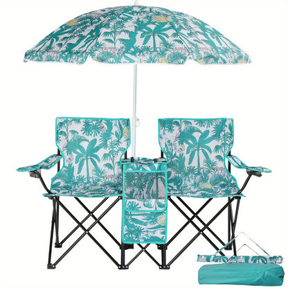 Folding Outdoor Fishing Chair with Sun Umbrella Iron Alloy Frame Oxford Fabric 187 Lb Capacity Portable Beach Patio Camping Chair with Storage Bag Red Black Grey Blue Coconut Pineapple Pattern