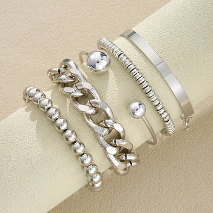 5-Piece Chunky Wide Chain Beaded Bracelet Set for Women – Stackable Layering Fashion Jewelry, Gold & Silver Tones, Perfect for Daily Wear, Dating, Vacation, Parties & Gifts for Girlfriend
