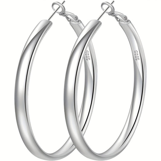 Women's 925 Sterling Silver Hoop Earrings – Hypoallergenic Round Thick Hoop, Gold & Silver, 5 Sizes 40mm–70mm, French Style Daily & Party Jewelry