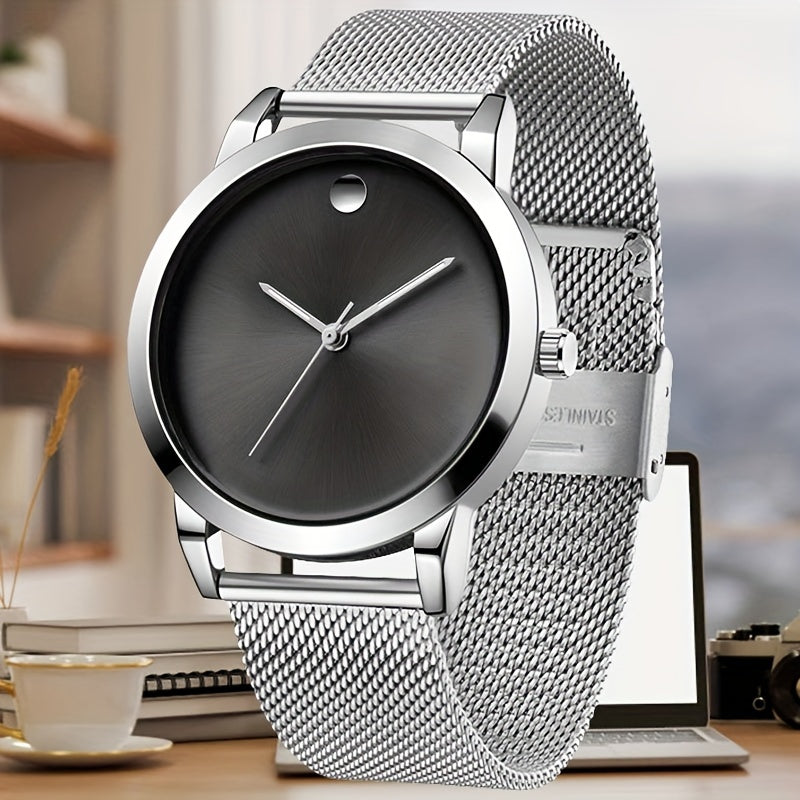Men's Minimalist Stainless Steel Band Quartz Watch Slim Round Dial Casual Fashion Everyday Wear Gift for Him Silver Brown