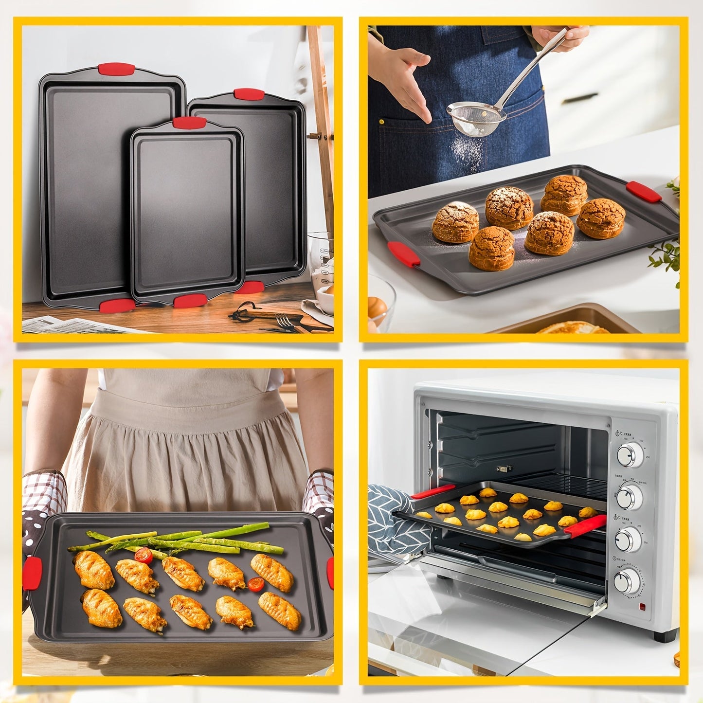 Carbon Steel Nonstick Baking Pan Set 3/9 Pcs – Commercial Grade Oven Safe Bakeware with Red Silicone Handles, Non-stick Inside & Outside, Restaurant Quality Kitchen Cookware for Home Baking
