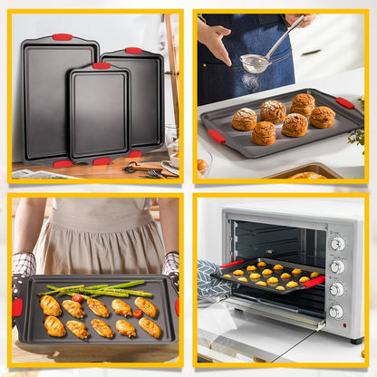 Carbon Steel Nonstick Baking Pan Set 3/9 Pcs – Commercial Grade Oven Safe Bakeware with Red Silicone Handles, Non-stick Inside & Outside, Restaurant Quality Kitchen Cookware for Home Baking