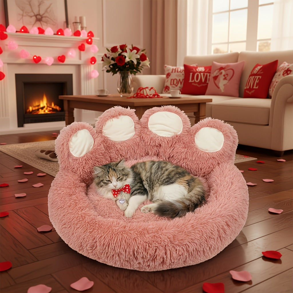 Bear Paw Shaped Donut Dog Bed & Cat Bed – Calming Warm Soft Plush Round Pet Mattress with Bonus Pet Scarf S M L XL 2XL Coffee Pink Grey Brown for Small Medium Large Dogs Cats