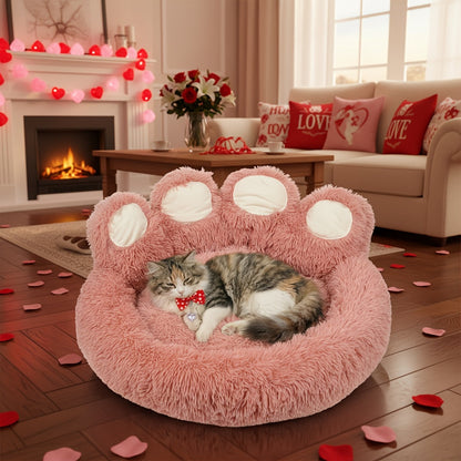 Bear Paw Shaped Donut Dog Bed & Cat Bed – Calming Warm Soft Plush Round Pet Mattress with Bonus Pet Scarf S M L XL 2XL Coffee Pink Grey Brown for Small Medium Large Dogs Cats