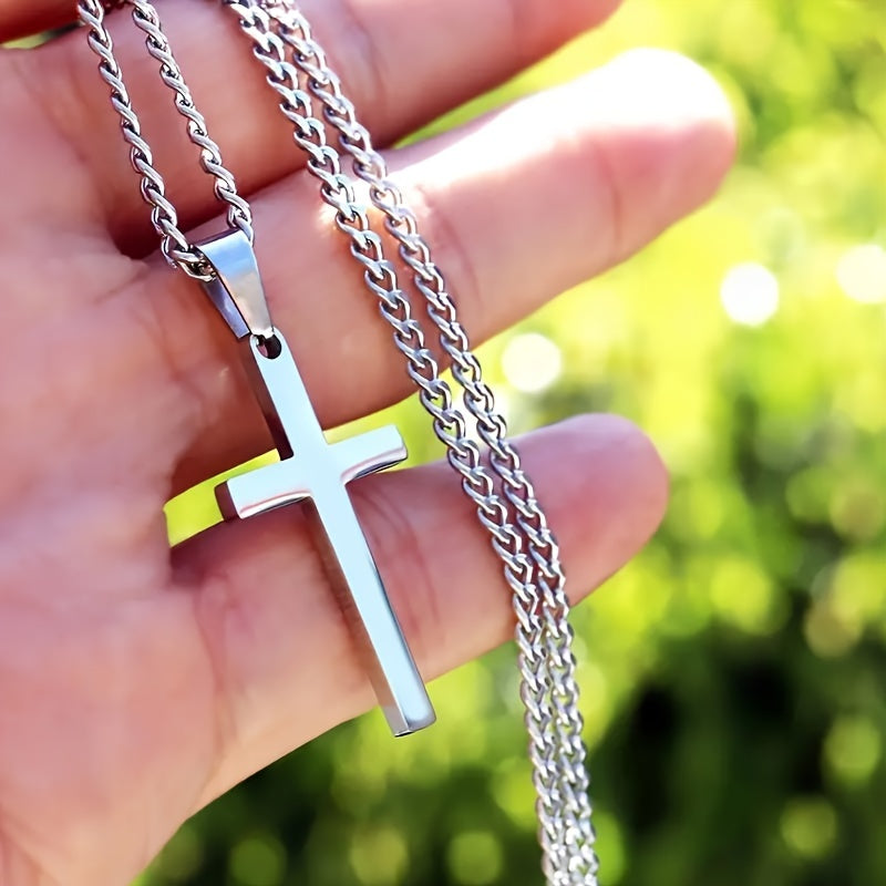 Men's Cross Pendant Necklace 18K Gold Plated Cuban Chain 304 Stainless Steel Minimalist Casual Jewelry Gift for Him Steel Gold