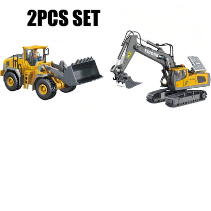 Remote Control Excavator Toy Set with Metal Shovel LED Lights 1200mAh Battery RC Construction Truck Bulldozer Dump Truck Loader Combo for Boys Ages 6 and Up Birthday Christmas Gift