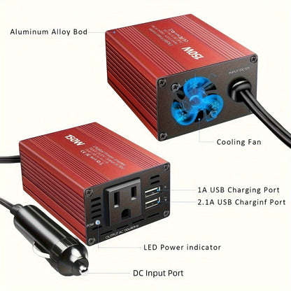 150W Car Power Inverter 12V DC to 110V AC Converter with Dual USB 3.1A Ports – Vehicle Adapter Plug for Laptop, Phone, Tablet, Road Trip Essentials