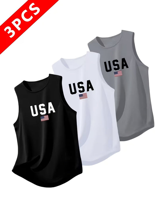 Men's Quick-Dry Moisture-Wicking Sleeveless Tank Tops 3-Pack USA Letter Print Breathable Athletic Vest for Gym, Running & Training - Black, White, Gray