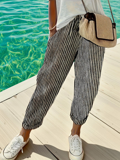 Women's High-Waisted Wide Leg Pants - Casual Loose Fit Side Stripe Trousers, Lightweight Breathable Polyester Fabric for Everyday Wear, Sizes S-XXL, Black Brown Green Blue Red