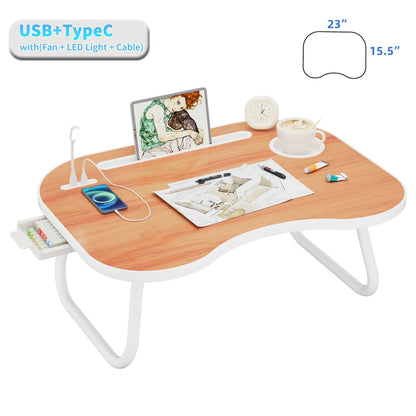 Lap Desk for Laptop with USB Port Storage Drawer & Cup Holder – Walnut Wood Bed Tray Table for Eating Writing Sofa Couch Adults Students