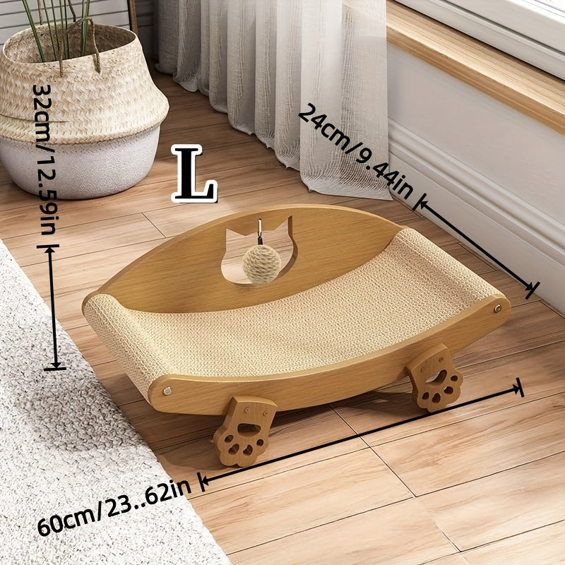 Natural Sisal Cat Scratcher Lounge Chair with Hanging Ball Toy – Solid Wood Curved Cat Bed Scratching Pad, Anti-Scratch Kitty Sofa, Furniture Protector for Indoor Cats