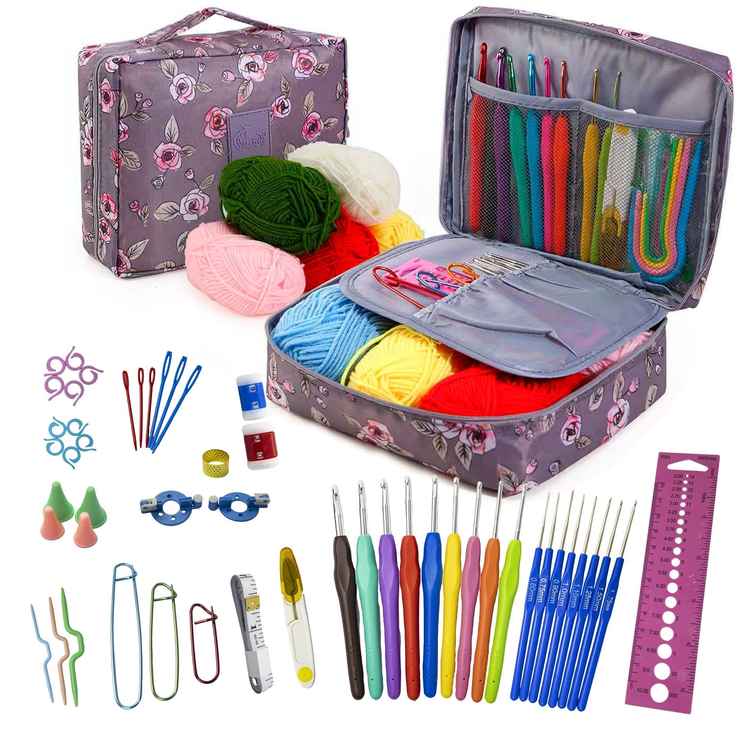 67pcs Complete Crochet Starter Kit for Beginners and Adults - All-in-One Set with 5 Skeins of Yarn, 9 Ergonomic Soft-Grip Hooks 2mm to 6mm, 8 Fine Hooks, Full Accessories and Portable Printed Bag, Perfect DIY Craft Gift for Women and Teens