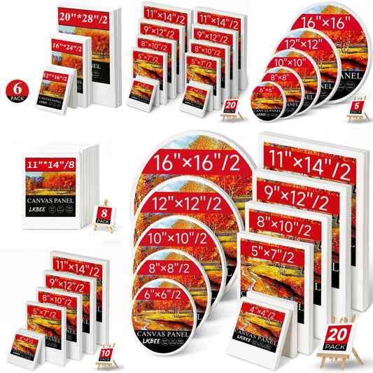 Stretched Canvas Board Set Round & Square Multi-Size Combo – 5 to 20 Piece Packs in 10x10, 11x14, 12x12, 16x16 & More – Ideal for Acrylic Pouring, Wet-on-Wet, Oil Painting & Classroom Teaching