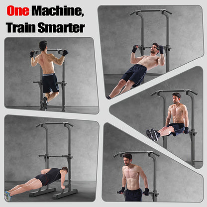 Adjustable Height Power Tower Dip Station – Multi-Function Pull Up Bar, Strength Training Workout Station for Home Gym – Black T055KX, No Backrest & Red T055CDU Models