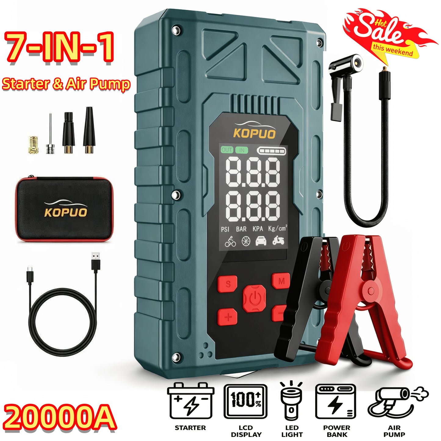 Portable Car Jump Starter 20000A Peak with Air Compressor, 7-in-1 Jump Starter Battery Pack 150PSI Tire Inflator, Power Bank, LED Light & Safety Hammer for 12V Gas & Diesel Engines – Roadside Emergency Kit