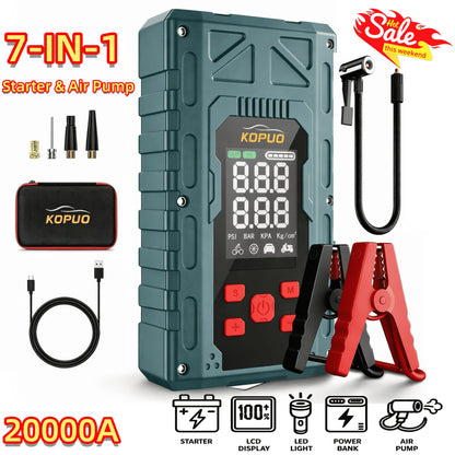 Portable Car Jump Starter 20000A Peak with Air Compressor, 7-in-1 Jump Starter Battery Pack 150PSI Tire Inflator, Power Bank, LED Light & Safety Hammer for 12V Gas & Diesel Engines – Roadside Emergency Kit