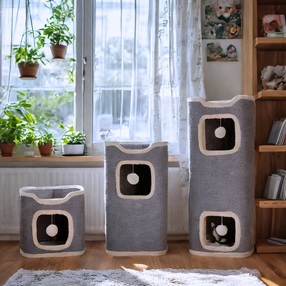 Foldable Multi-Level Cat Tree Tower for Indoor Cats - Scratch-Resistant Cat House with Cozy Top Bed Hideaway and Bell Balls, 1 to 3 Layers Cat Furniture for Climbing Playing and Resting