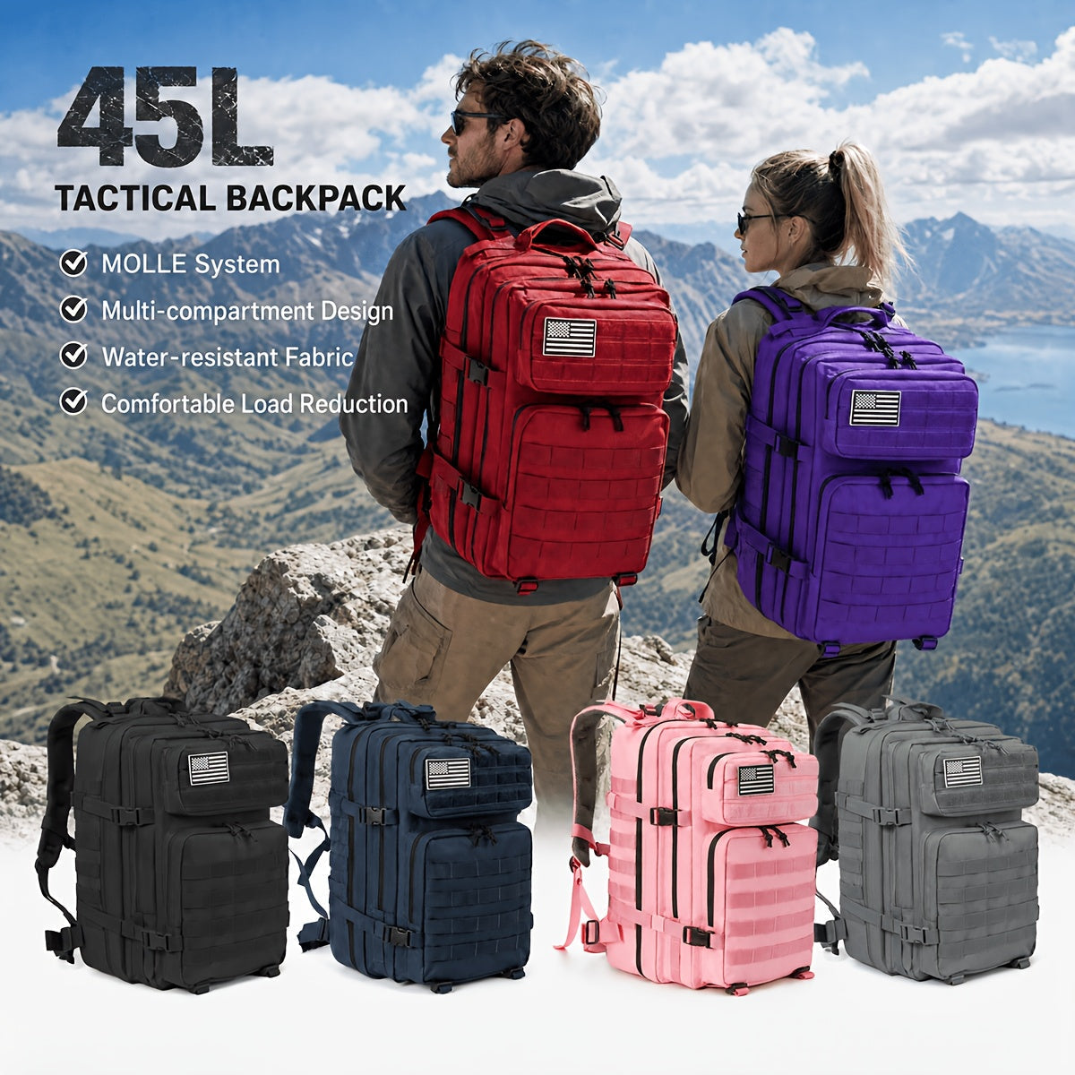 45L Tactical Backpack for Men & Women – Large Capacity Hiking Camping Travel Bag, 3-Day Bug Out Bag for Outdoor Fitness & Adventure, 13 Colors Available