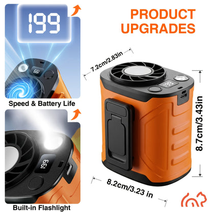 Portable Neck & Waist Fan 18000RPM Brushless Motor – 199-Speed Adjustment, 5000mAh Battery, LED Power Display, Hands-Free Wearable Cooling Fan for Outdoor Work, Camping, Fishing, Hiking & Travel