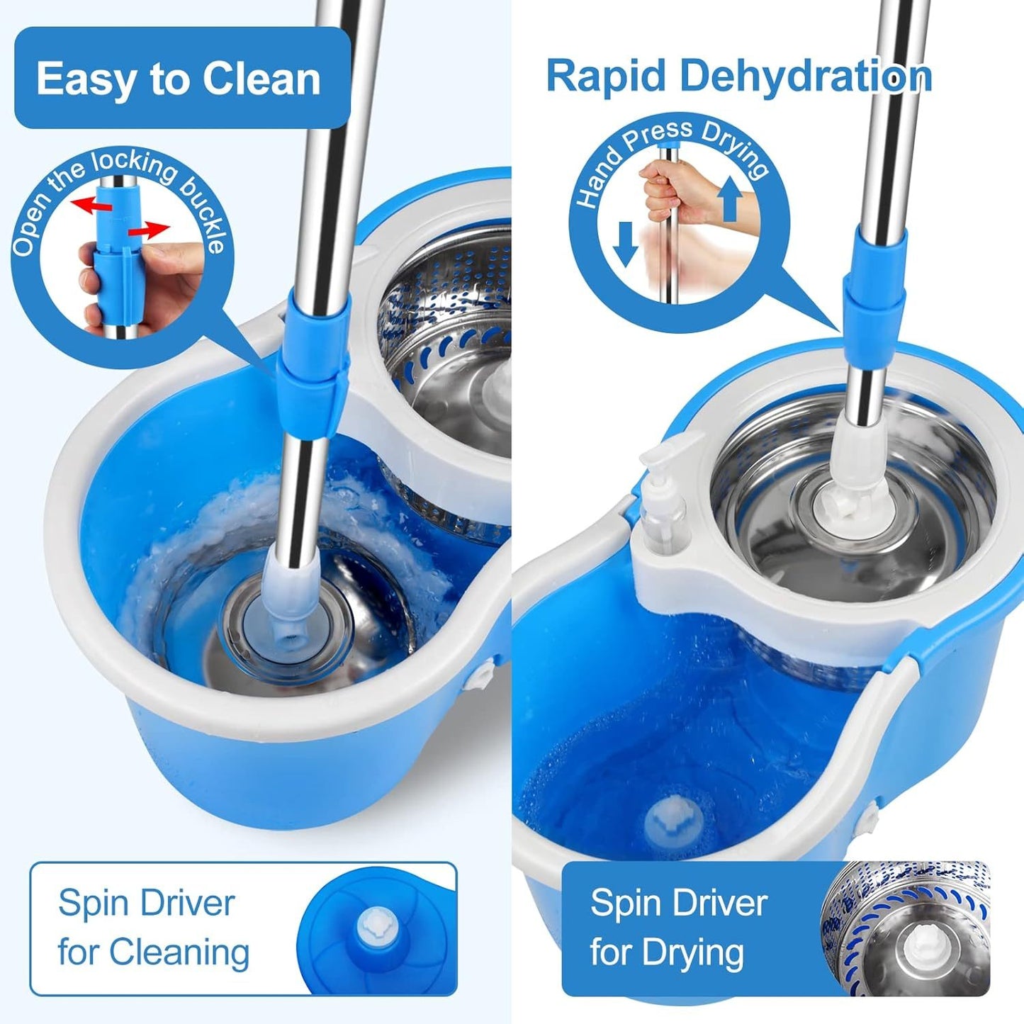 360° Spin Mop and Bucket Set with Wringer – Microfiber Mop Refills, Stainless Steel Extended Handle, Separate Compartment, Floor Cleaning System