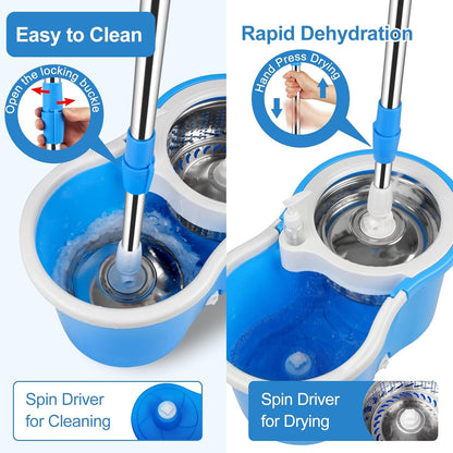 360° Spin Mop and Bucket Set with Wringer – Microfiber Mop Refills, Stainless Steel Extended Handle, Separate Compartment, Floor Cleaning System