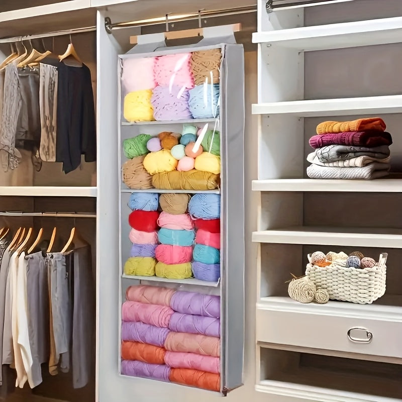 Hanging Yarn Storage Bag with 4 Large Pockets – Transparent Zipper Knitting & Crochet Organizer, Door Hook Rack, Double-Layer Fabric, Keeps Skeins & Hooks Organized | Velora
