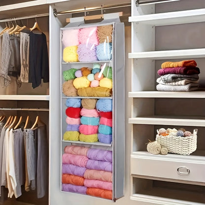 Hanging Yarn Storage Bag with 4 Large Pockets – Transparent Zipper Knitting & Crochet Organizer, Door Hook Rack, Double-Layer Fabric, Keeps Skeins & Hooks Organized | Velora