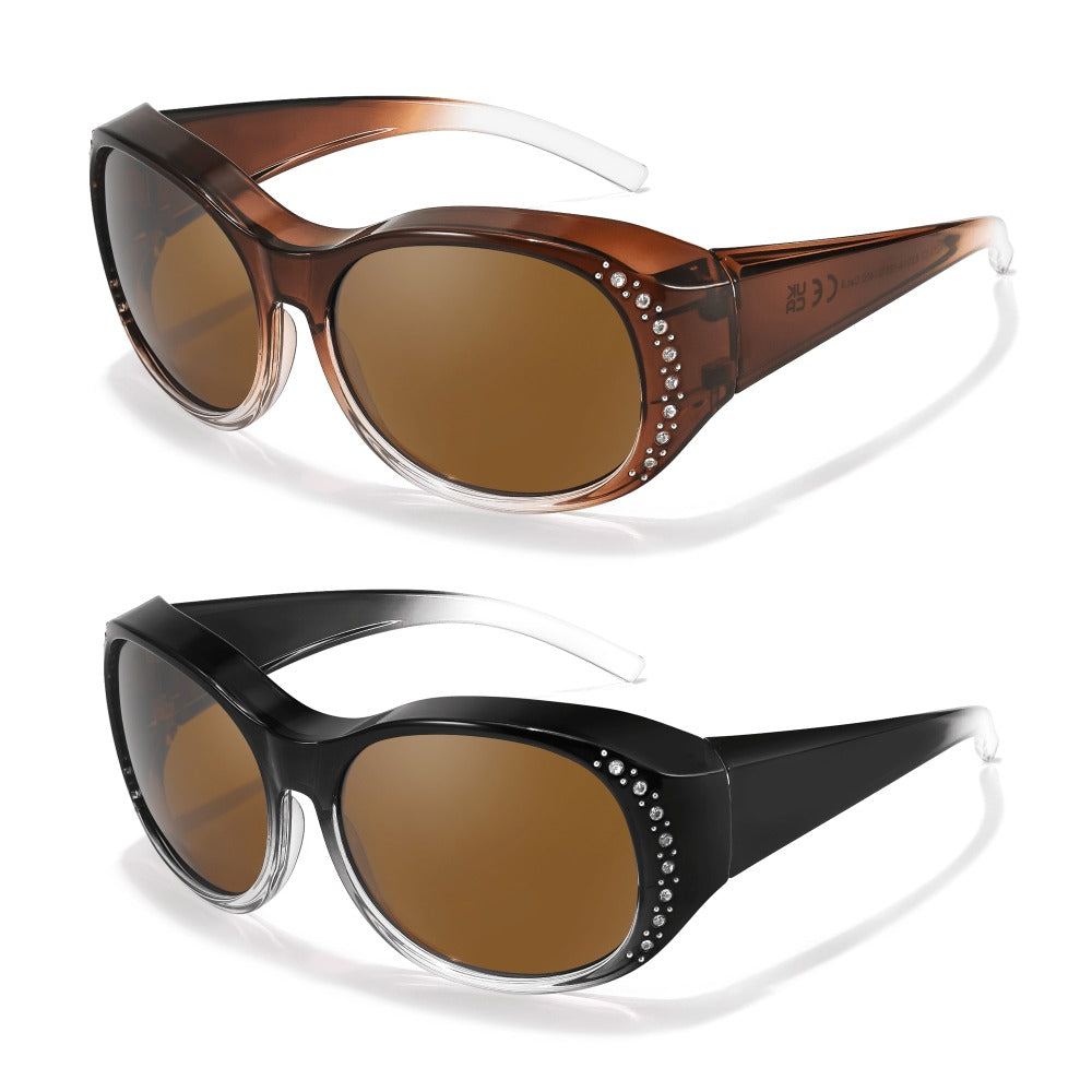 2-Pack Women's Polarized Fit Over Glasses for Prescription Eyeglasses – Rhinestone Accent Wraparound Sunglasses, Anti-Glare Polarized Lenses, No Adapter Needed, Multiple Color Options