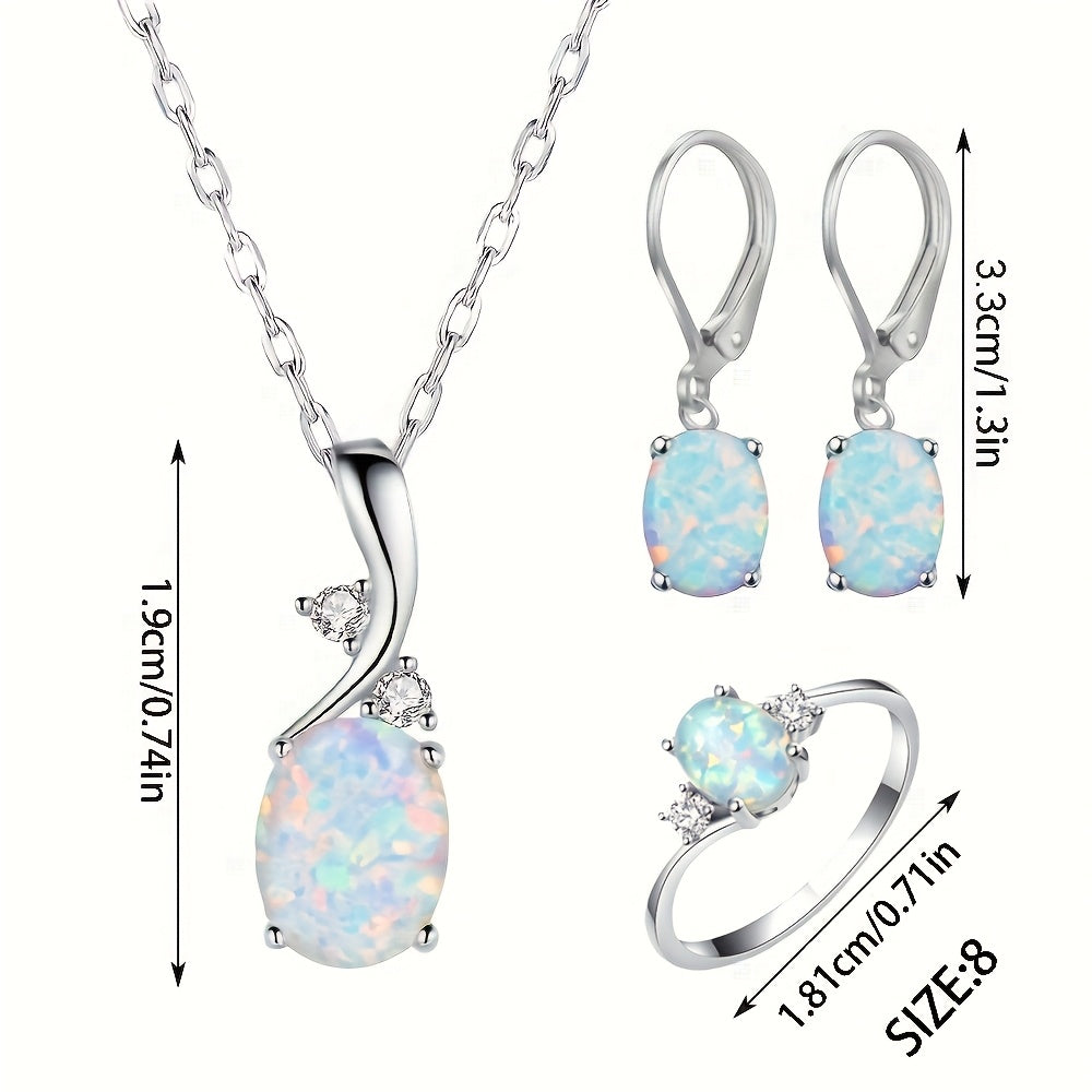 4pcs 925 Sterling Silver Water Drop Opal Jewelry Set for Women – Pendant Necklace, Earrings & Ring, Elegant Boho Party Jewelry Gift Set