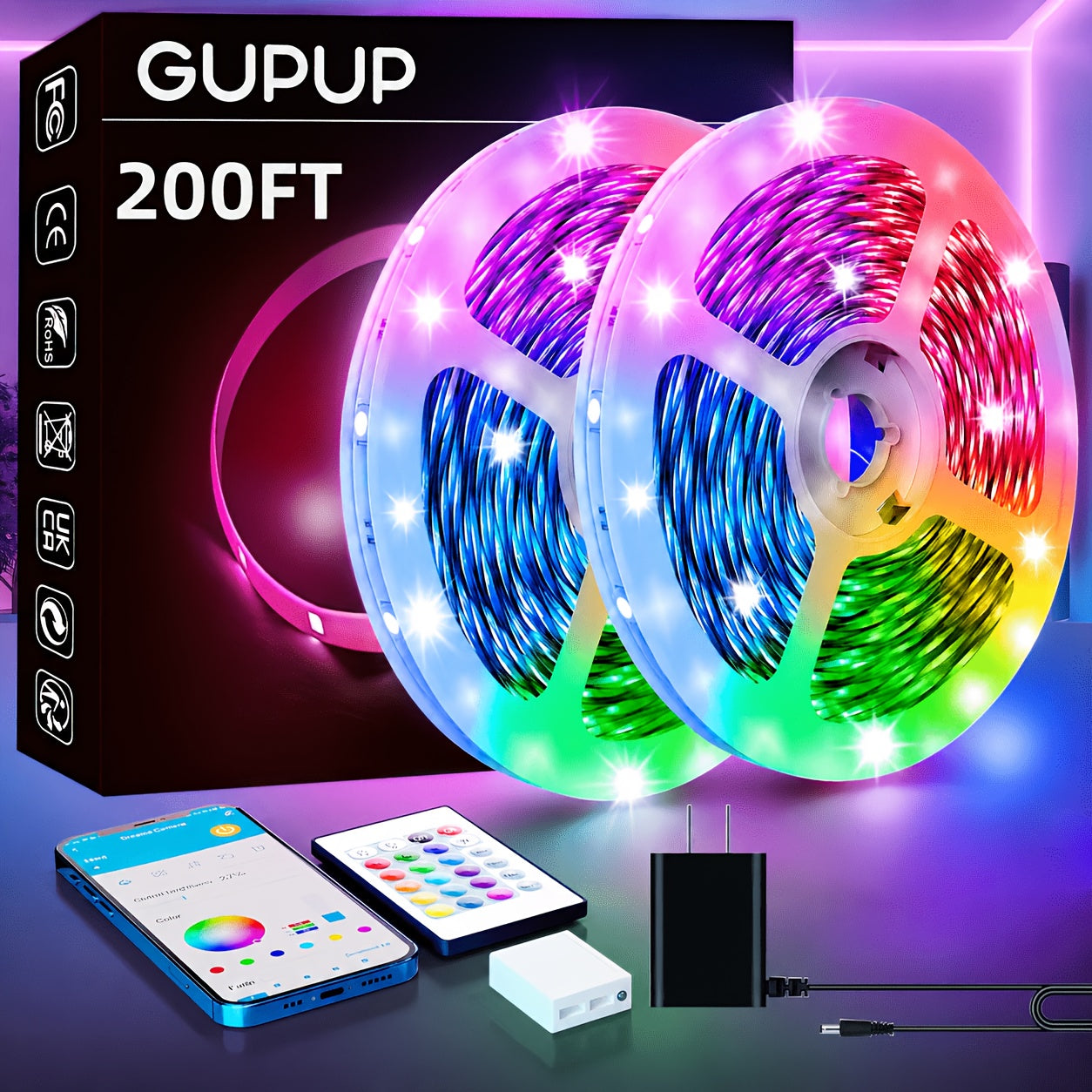RGB LED Strip Lights App Remote Control Music Sync Dimmable Color Changing Timing – Smart LED Lights for Bedroom Living Room Game Room Decor 16.4FT to 200FT