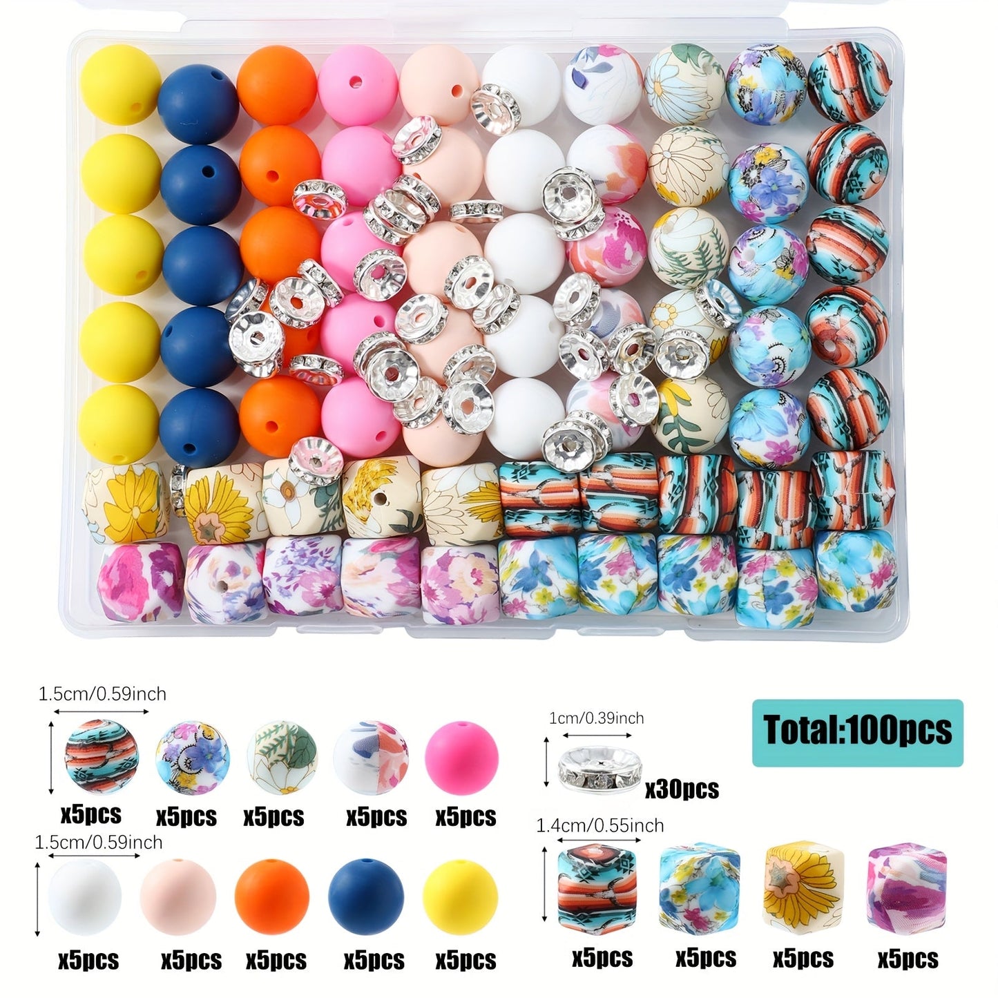 100pcs Silicone Beads Set with Storage Box Hexagonal Striped Printed Pattern Beads for DIY Jewelry Making Bead Pens Keychain Pendant Craft Supplies Girls Kids Teens Adults