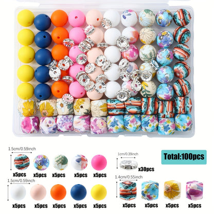 100pcs Silicone Beads Set with Storage Box Hexagonal Striped Printed Pattern Beads for DIY Jewelry Making Bead Pens Keychain Pendant Craft Supplies Girls Kids Teens Adults