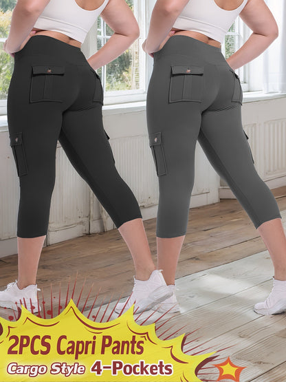 High Waist Yoga Capri Pants 2-Pack – Butt Lifting Tummy Control 4-Way Stretch Spandex Leggings with 4 Pockets, Three-Quarter Athletic Activewear for Women, 9 Color Sets, Sizes S-XXL