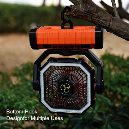 20000mAh Portable Camping Fan with LED Light – USB Rechargeable Outdoor Tent Fan for Hiking, Fishing & Camping – Durable Compact Design with Handle, Green & Orange