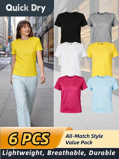 Women's 6-Pack Performance T-Shirts Breathable Moisture-Wicking Skin-Friendly Workout Tees for Outdoor Sports Gym Everyday Comfort – Mixed Colors XS-XXL