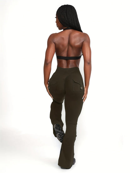 Women's High Waist Flare Pants 3-Pack – Butt Lifting Tummy Control Quick-Dry Cargo Style Leggings Tracksuit Casual Sports Full-Length Trousers Black Gray Green