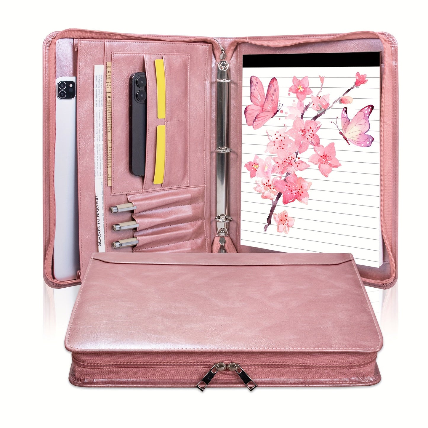 Vegan Leather Portfolio Binder 3-Ring Zipper A4 Legal Laptop Pocket Work Organizer for Women Men