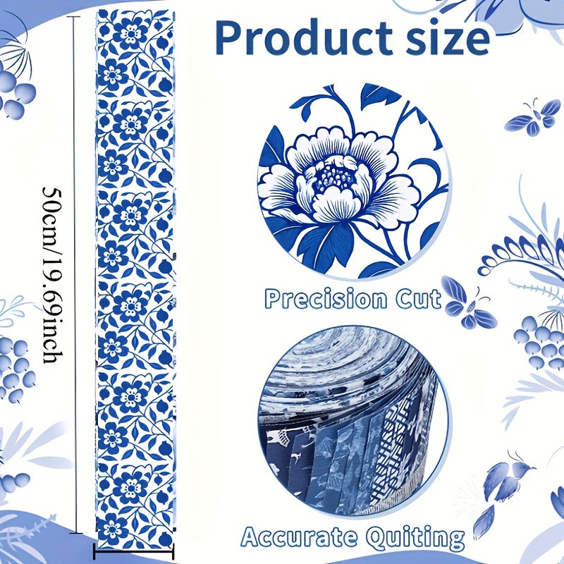 40-Piece Chinoiserie Blue & White Jelly Roll Quilting Strips - Precut Porcelain Floral Patchwork Fabric for Quilting, Sewing & Crafts, 2.5" x 44" Cotton Fabric Strips