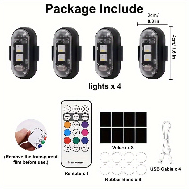 Wireless LED Strip Lights 8-Color Anti-Collision Warning Light with Remote Control – USB Rechargeable Waterproof LED Strips for Car Motorcycle Drone Bike, 4-Pack & 6-Pack