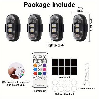 Wireless LED Strip Lights 8-Color Anti-Collision Warning Light with Remote Control – USB Rechargeable Waterproof LED Strips for Car Motorcycle Drone Bike, 4-Pack & 6-Pack