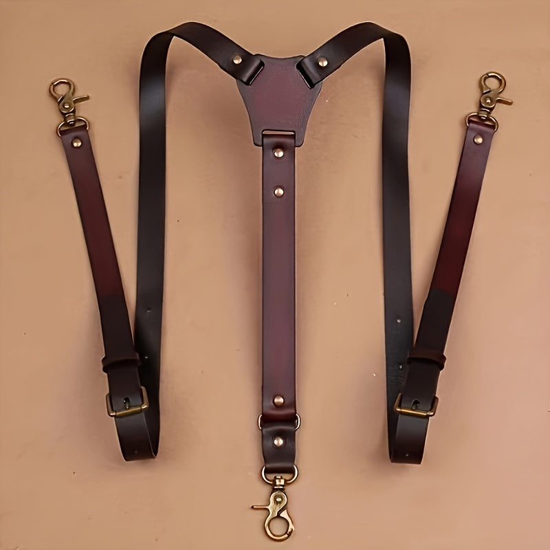 Men's Faux Leather Suspenders - Retro Adjustable Y-Back Braces with Rivet Detail, Elegant Vintage Clip-On Suspenders for Daily Formal Wedding & Party Wear, Great Gift for Him