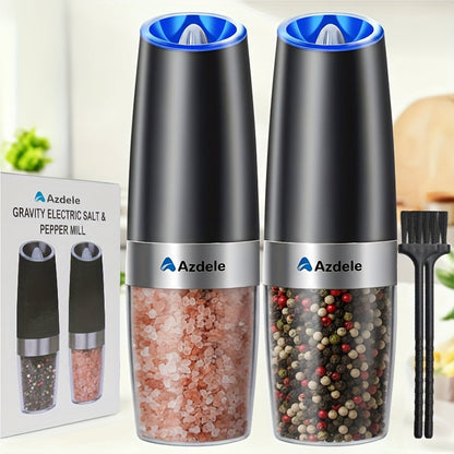 Electric Salt and Pepper Grinder Set 2 Pack – Gravity-Sensing Automatic Mill with LED Light, One-Hand Operation, Adjustable Coarseness, Battery Powered, Black Stainless Steel Kitchen Gift