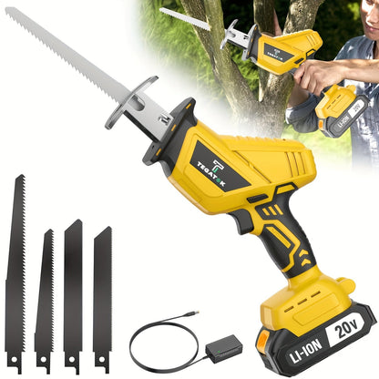 Cordless Reciprocating Saw with LED Light & Safety Lock | Electric Handsaw for Multi-Purpose Cutting, Replaceable Blades, Toolbox Included – 1 or 2 Battery Options, Yellow/Green/Red