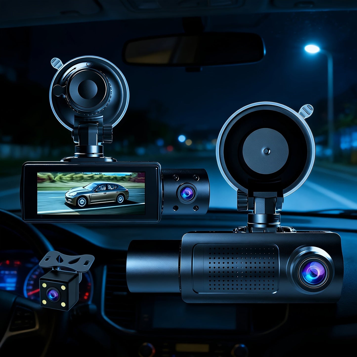 3-Channel Dash Cam with Infrared Night Vision & Smartphone App – Front, Rear & Interior Car Camera with Loop Recording, Wide Angle Lens, Optional 64GB/512GB Memory Card for Cars, Trucks & Rideshare